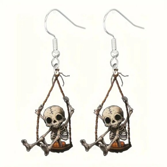#64 Swinging Playful Skeleton Earrings Goth Punk - Picture 1 of 1